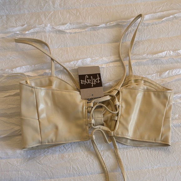Pitaya Bone Faux Leather Knot Bust Top - Picture 3 of 3